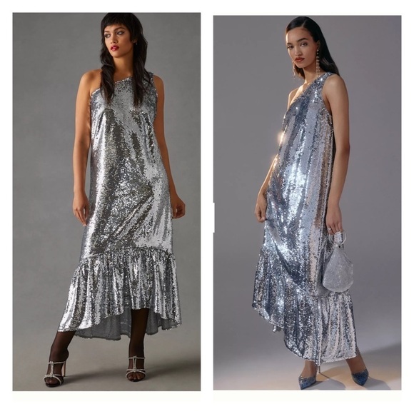 MAEVE Anthropologie One Shoulder Sequin Ruffle Maxi Dress Silver Medium NWT - Picture 3 of 11